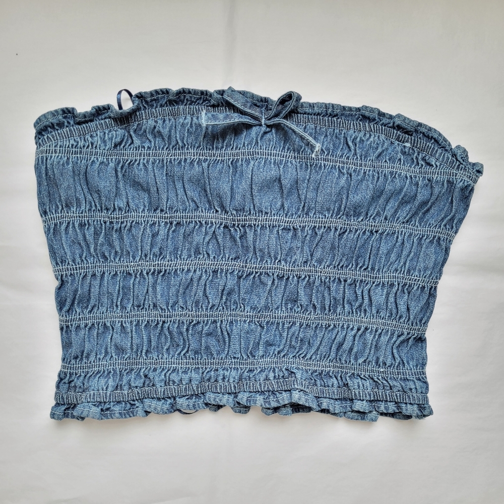 NWOT LONE STAR Tube Cropped Blue Smocked Denim Sleeveless Top S
